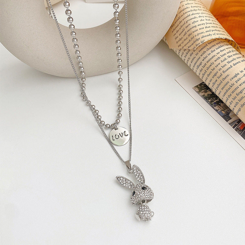 Fashion Trendy Double Decorative Titanium Steel Necklace with Light Rabbit Pendant and Letters