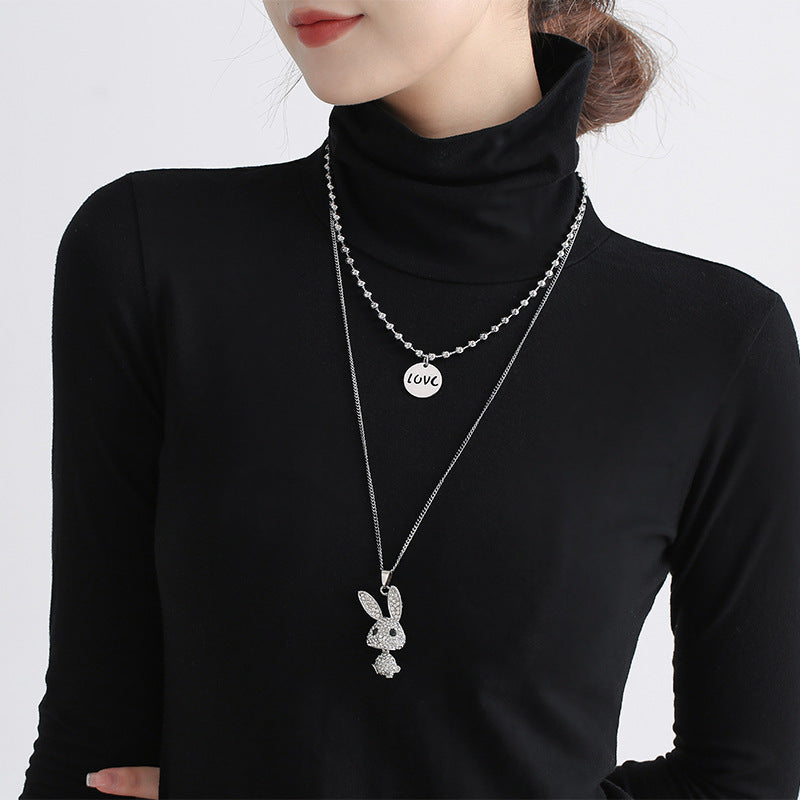 Fashion Trendy Double Decorative Titanium Steel Necklace with Light Rabbit Pendant and Letters