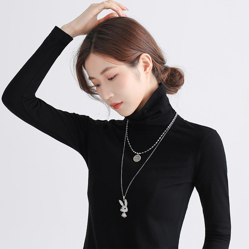 Fashion Trendy Double Decorative Titanium Steel Necklace with Light Rabbit Pendant and Letters