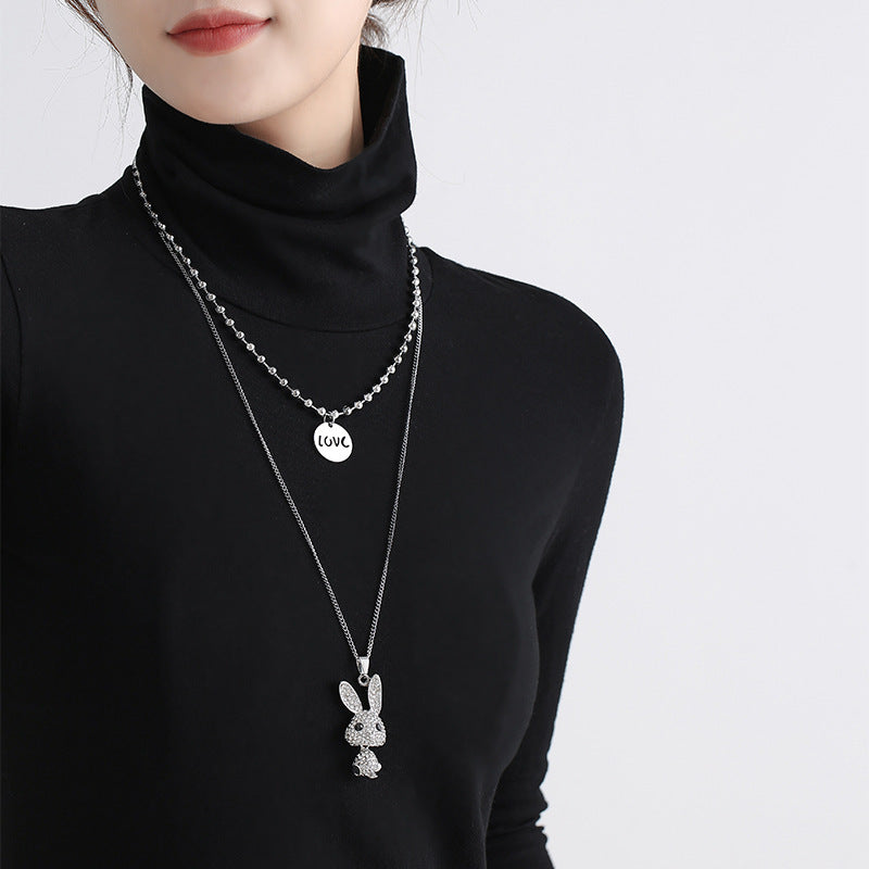 Fashion Trendy Double Decorative Titanium Steel Necklace with Light Rabbit Pendant and Letters