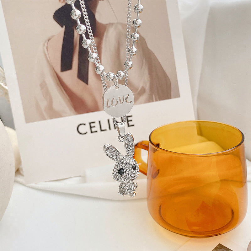 Fashion Trendy Double Decorative Titanium Steel Necklace with Light Rabbit Pendant and Letters