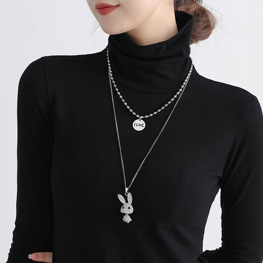 Fashion Trendy Double Decorative Titanium Steel Necklace with Light Rabbit Pendant and Letters