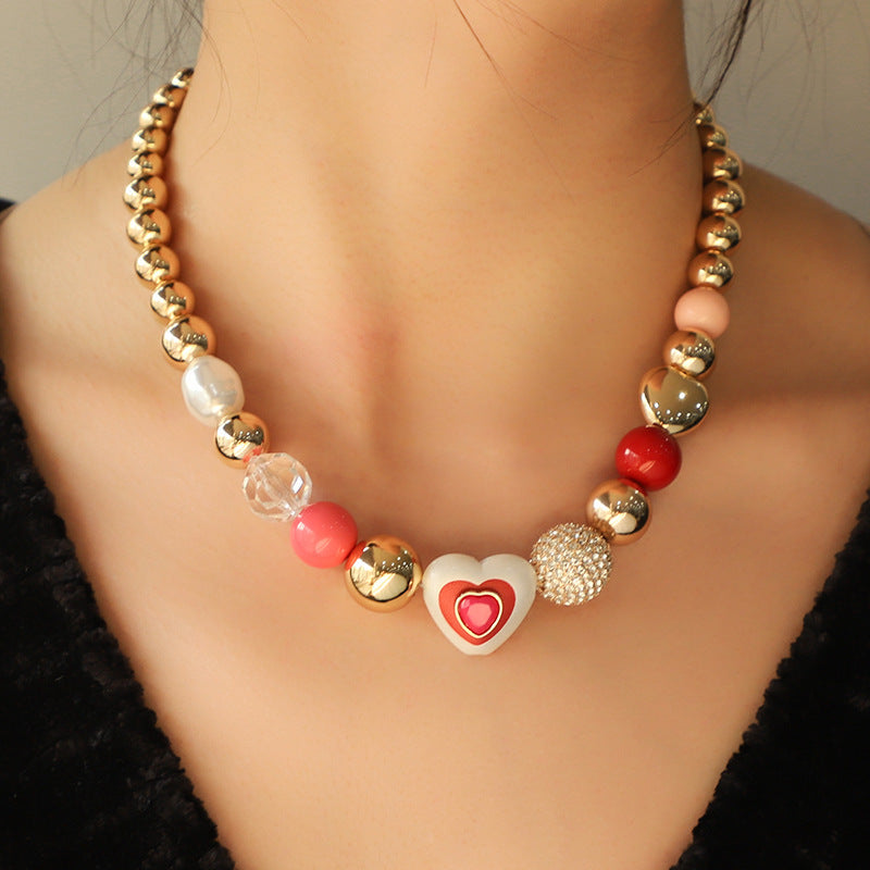 Fashion Original Design Heart Peach Pearl Combination Necklace